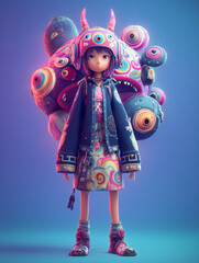 Stylish anime girl in Harajuku fashion with a giant colorful monster companion