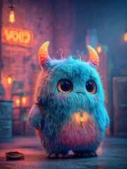Cute fluffy monster with a small glowing lantern in a neon-lit alley