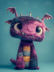 Cute purple furry dragon monster with a striped belly and pencil horns