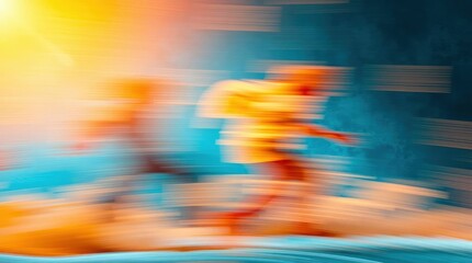 Blurred figures running bright sunlight and a textured dynamic background with horizontal lines