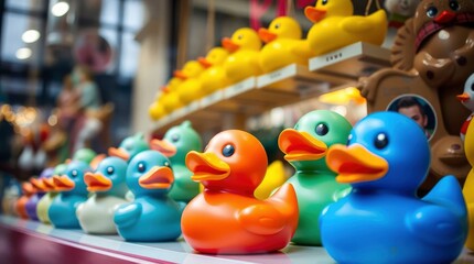 Colorful rubber ducks displayed in a store arranged by color