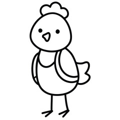 Cute cartoon chicken standing on white background with simple outline drawing