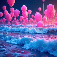 A dreamy scene with pastel balloons shaped like animals floating above an ocean of soft clouds under a golden sunrise, evoking wonder and imagination. Generative, AI,