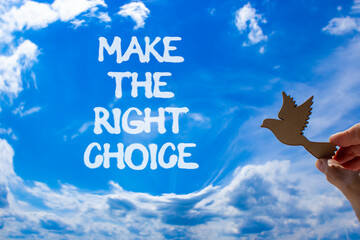 Make the right choice symbol. Concept words phrase Make the right choice on beautiful blue sky....