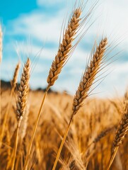 Fototapeta premium Close-up of a field of wheat plants. the plants are tall and slender, with a golden-brown color. the stems of the plants are visible, and they are arranged in a way that creates a sense of movement.