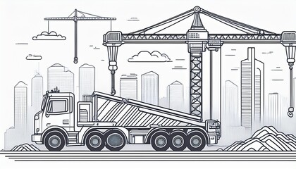 detailed line art of a construction crane with operation labels on white