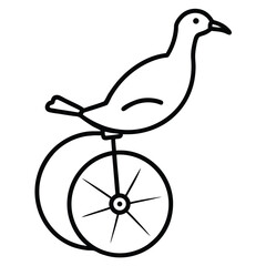 Whimsical cartoon bird balancing on a unicycle with a simple outline drawing