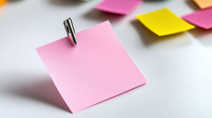 Square pastel pink sticky note with no text, pinned with a silver pushpin, on a bright white background. 