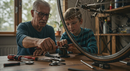 Obraz premium Repairing Bicycle with Grandfather and Grandson