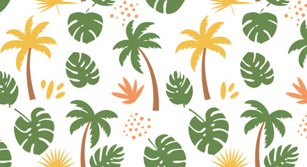 Tropical Pattern with Palm Trees Monstera Leaves and Abstract Shapes.