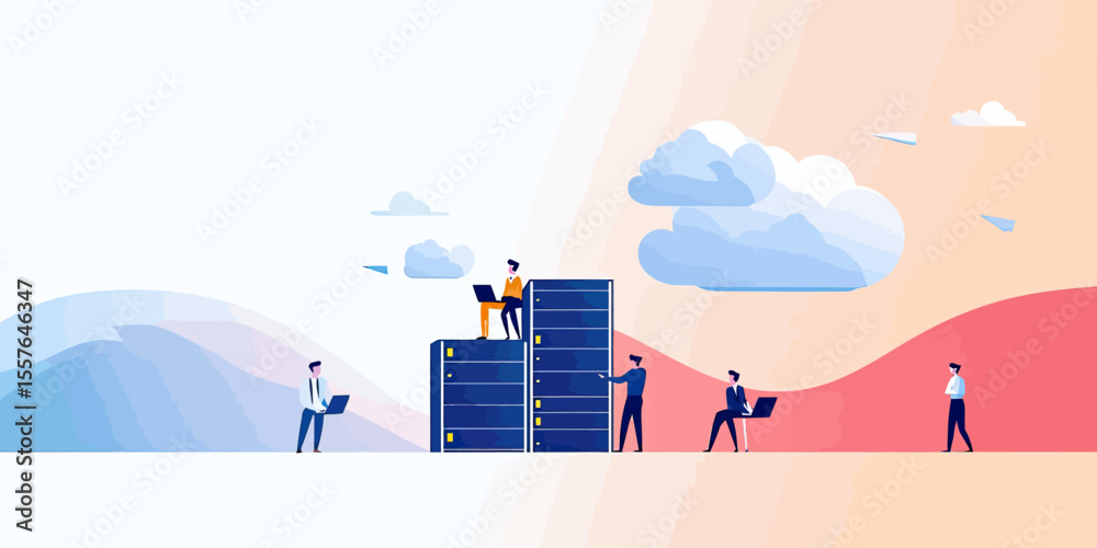 Aufkleber business team collaborating with cloud computing servers and data storage in modern technology netwo