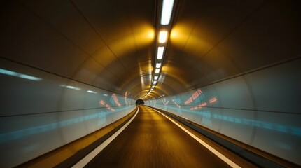 Interior tunnel view with bright lights curved walls and painted lines on the road surface