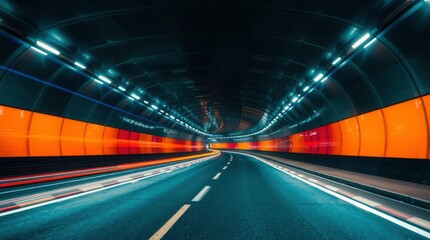 Lit tunnel interior with blurred light streaks indicating vehicle movement along the curving road