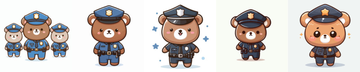 cute bear dressed as police icon set