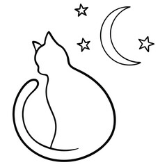 Simple outline silhouette of a cat sitting under a crescent moon and stars
