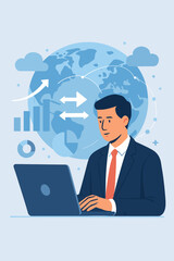Businessman synchronizing business data on laptop with global network. Concept of data science, analytics, information transfer, cloud computing, big data, and corporate growth.