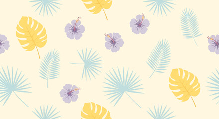 Tropical Pattern with Yellow Monstera Leaves Light Blue Palm Fronds and Lilac Hibiscus Flowers.