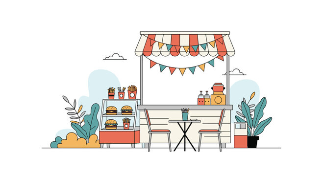 Vibrant Food Stall Featuring Delicious Burgers and Fries for Outdoor Dining
