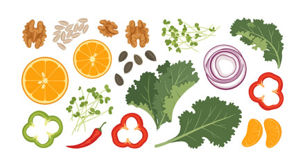Vibrant Assortment of Fresh Produce Oranges Kale Peppers Onion and Seeds.