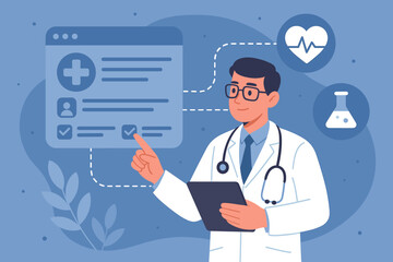 Doctor using a digital tablet for electronic health record. Digital healthcare concept with modern medical technology. Online consultation, telemedicine service and patient data management.