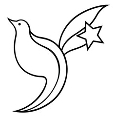 Stylized outline of a dove flying with a star and leaves in its tail