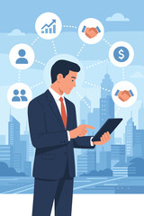 Businessman with tablet for business network connection. Digital technology concept with icons for teamwork, deal, partnership, data exchange, financial investment, and growth analysis.