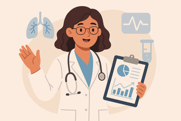 Friendly woman doctor with stethoscope holds clipboard with medical analysis data. Healthcare professional providing consultation, service and research. Modern flat cartoon vector illustration.