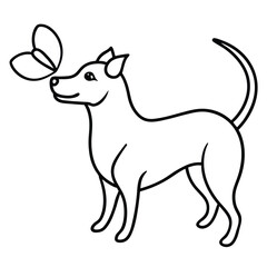Happy dog and butterfly outline illustration for coloring and design