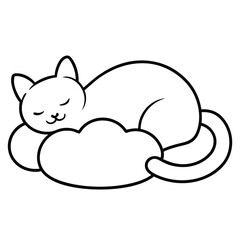 Cute simple black and white line drawing of a sleeping cat on a cloud