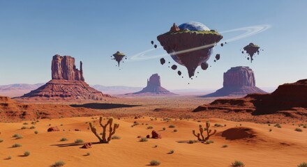 Surreal Desert Landscape with Floating Islands and Futuristic Domes