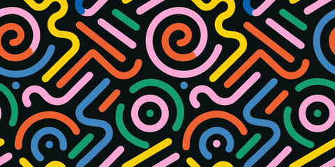 Vibrant memphis style abstract pattern with swirls and lines on black background