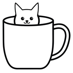 Cute cartoon cat peaking out of a white coffee mug illustration