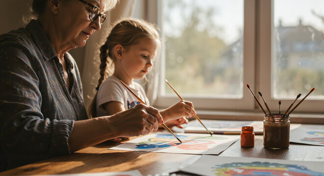 Painting Time with Grandmother and Granddaughter
