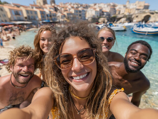 Obraz premium A group of happy people on vacation, enjoying themselves in one of the most beautiful travel destinations in the world. Bright, sunny atmosphere