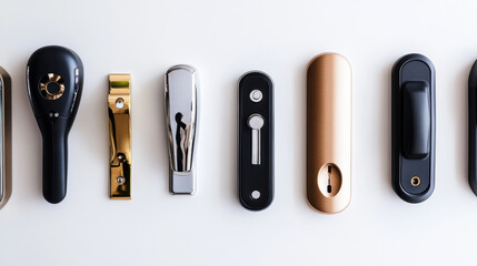 Various modern door locks isolated on a white background, showcasing different security mechanisms. 