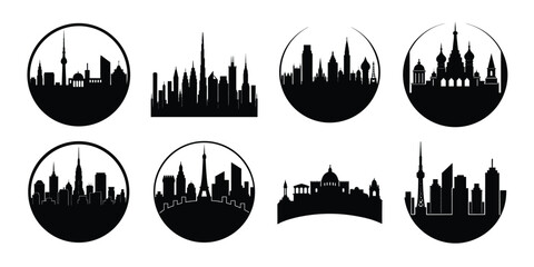 Different City silhouette skyline collection. Set of black city silhouette. Night town skyline icons. 