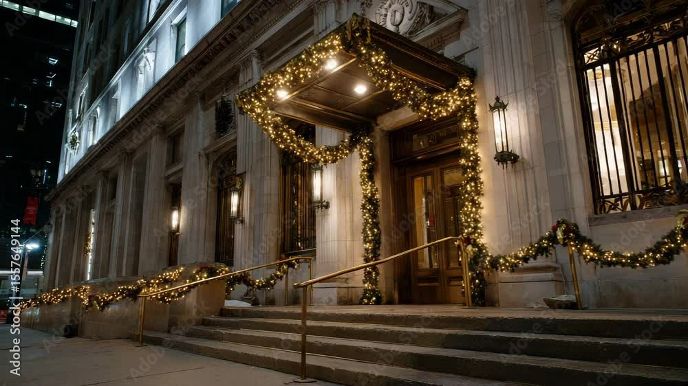 Poster a majestic building decorated with christmas lights, creating a warm and festive atmosphere. twinkli