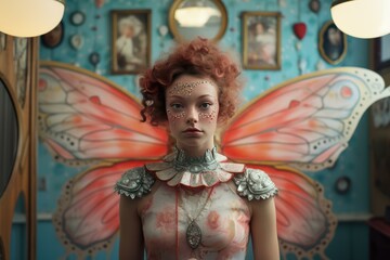 Obraz premium Redhead fairy posing with big butterfly wings in a vintage room with framed portraits and mirrors