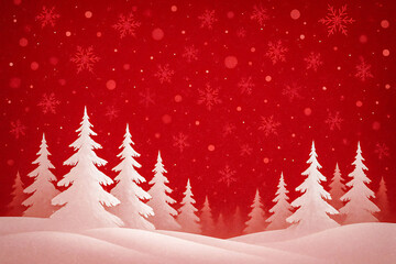 Naklejka premium Red Winter Landscape with Snow-Covered Trees and Falling Snowflakes