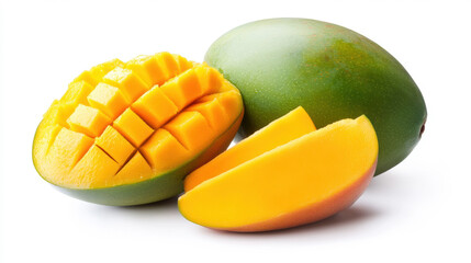 Whole and sliced mango with bright yellow-orange flesh and smooth green-red skin, isolated on white. 