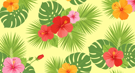 Vibrant hibiscus blossoms and monstera leaves create a tropical pattern.