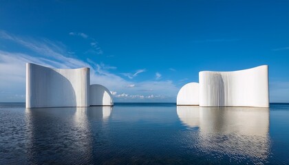 white geometric structures in calm water under blue sky minimalist metal sculptures or mirrored realms style landscapes concept background for digital content with copy space