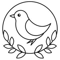Simple outline drawing of a cute bird perched within a circular frame adorned with leaves