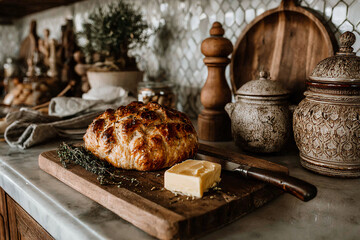Fototapeta premium Freshly baked bread with butter on a wooden board in a rustic kitchen setting Generative AI