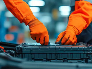 automotive repair battery replacement vehicle maintenance. Close-up of hands replacing a car battery, showcasing step-by-step automotive maintenance