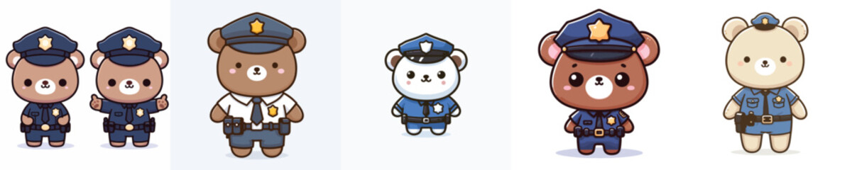 cute bear dressed as police icon set