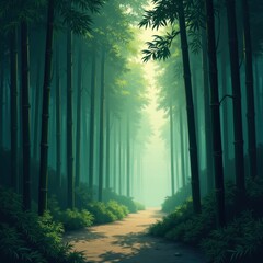 A serene bamboo forest with tall, slender bamboo stalks leading to a clearing. Sunlight filters through the leaves, illuminating fluffy clouds in the sky. Generative, AI,