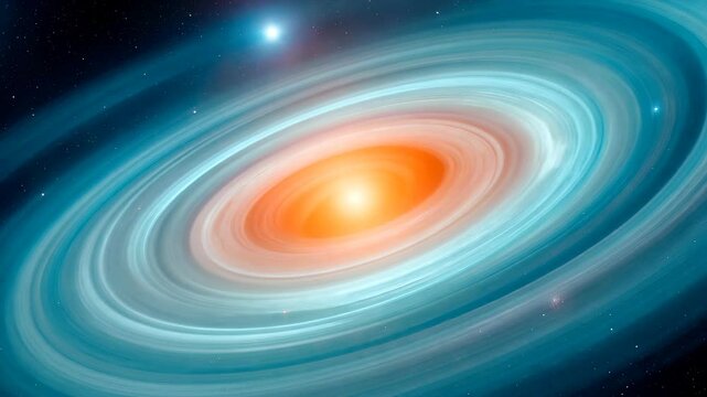 Majestic wide shot animation of a glowing orange protostar with a swirling blue protoplanetary disk in deep space