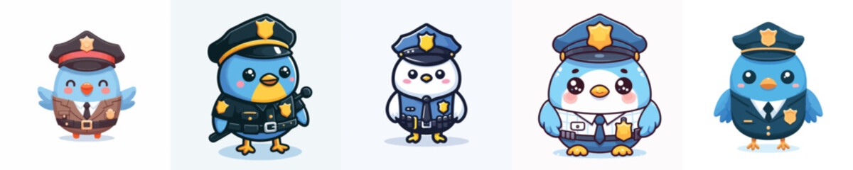 cute bird dressed as police icon set