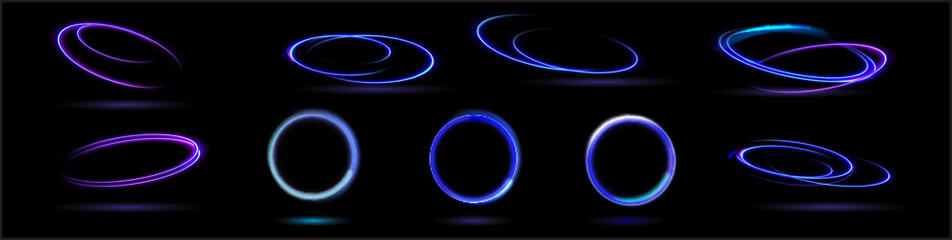 Neon swirl. Curve blue line light effect. Abstract ring background with glowing swirling background. Energy flow tunnel. Blue portal, platform. Magic circle vector.